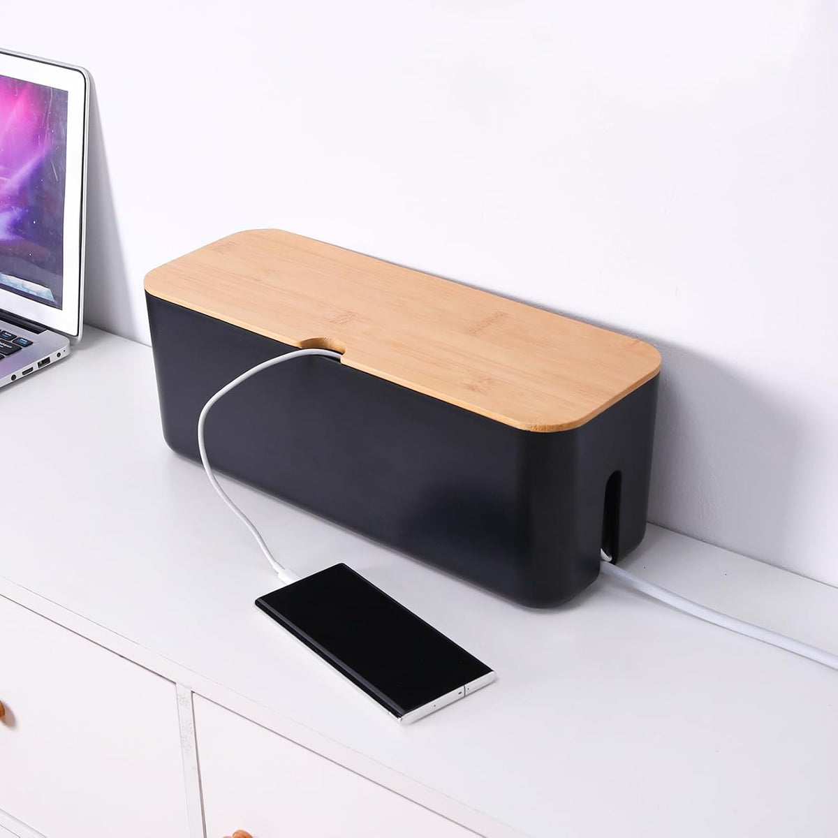 Cable Management Box Set Cable Organizer Boxes for Extension Cord Power Stripe Surge Protector Wire Management Organizer Cover Hider for Desk Home Office Kitchen (Small & Large Black)